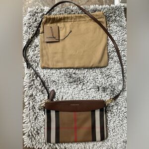 Burberry Peyton Beige Brown House Check Leather Fabric Crossbody Shoulder Bag